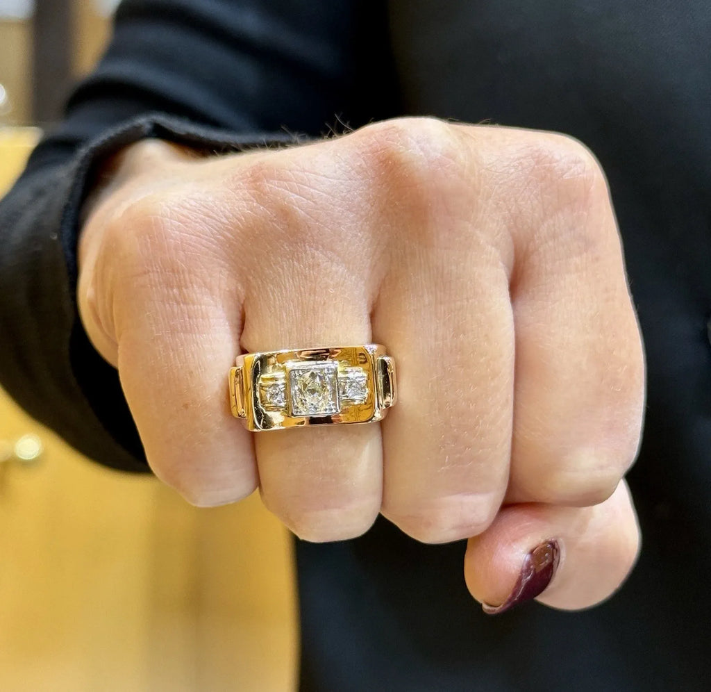Bague Tank ancienne en or rose et blanc 18 carats et diamants T 52