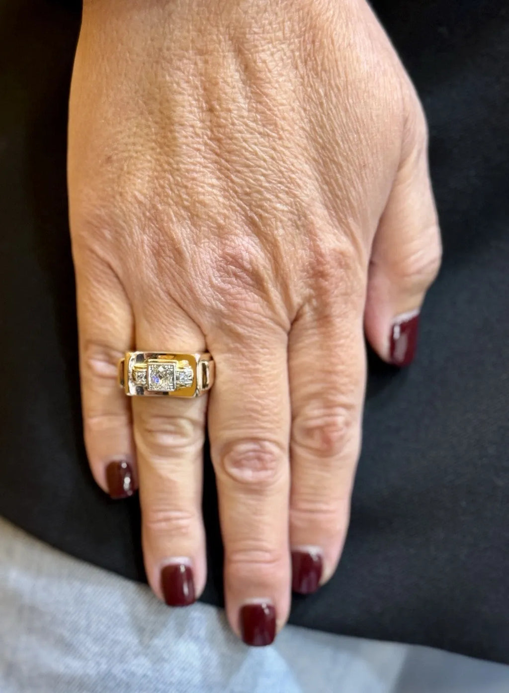 Bague Tank ancienne en or rose et blanc 18 carats et diamants T 52