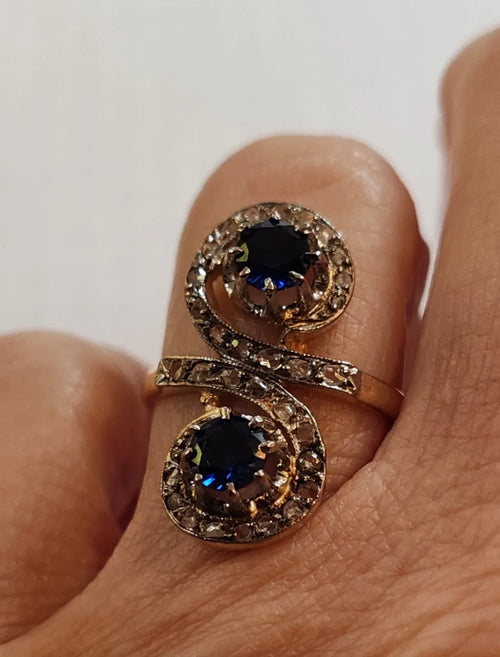 Bague toi et moi ancienne or 18 carats saphirs et diamants taille ancienne