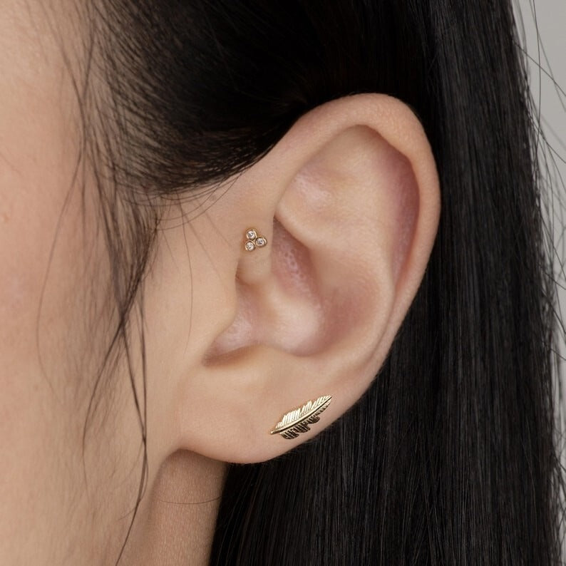 14K or Massif Feuille Forme Nez/Oreille Piercings Été Bijoux Pour Femme