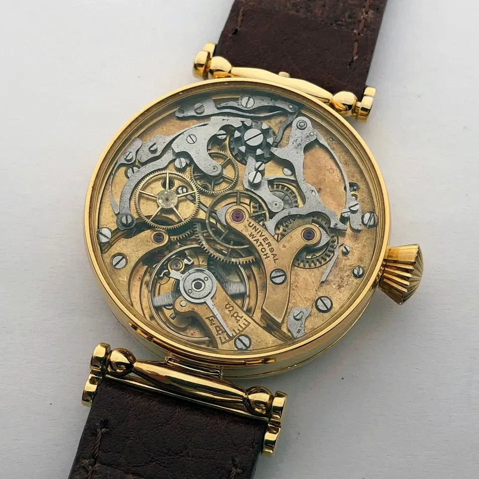 Rare ANCIENNE Montre-Bracelet Suisse Mariage Mécanique UNIVERSEL Chronographe Doré-