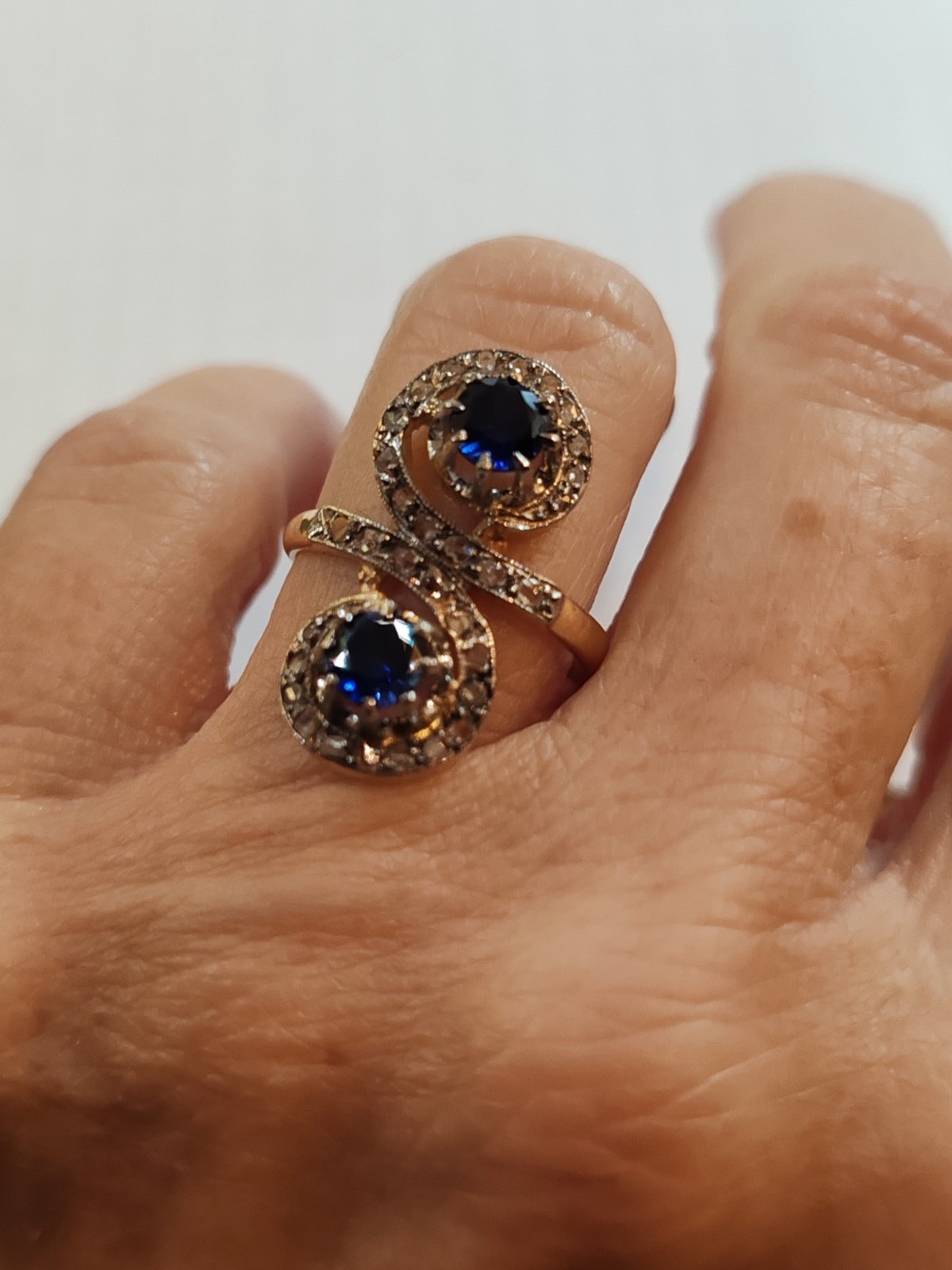 Bague toi et moi ancienne or 18 carats saphirs et diamants taille ancienne