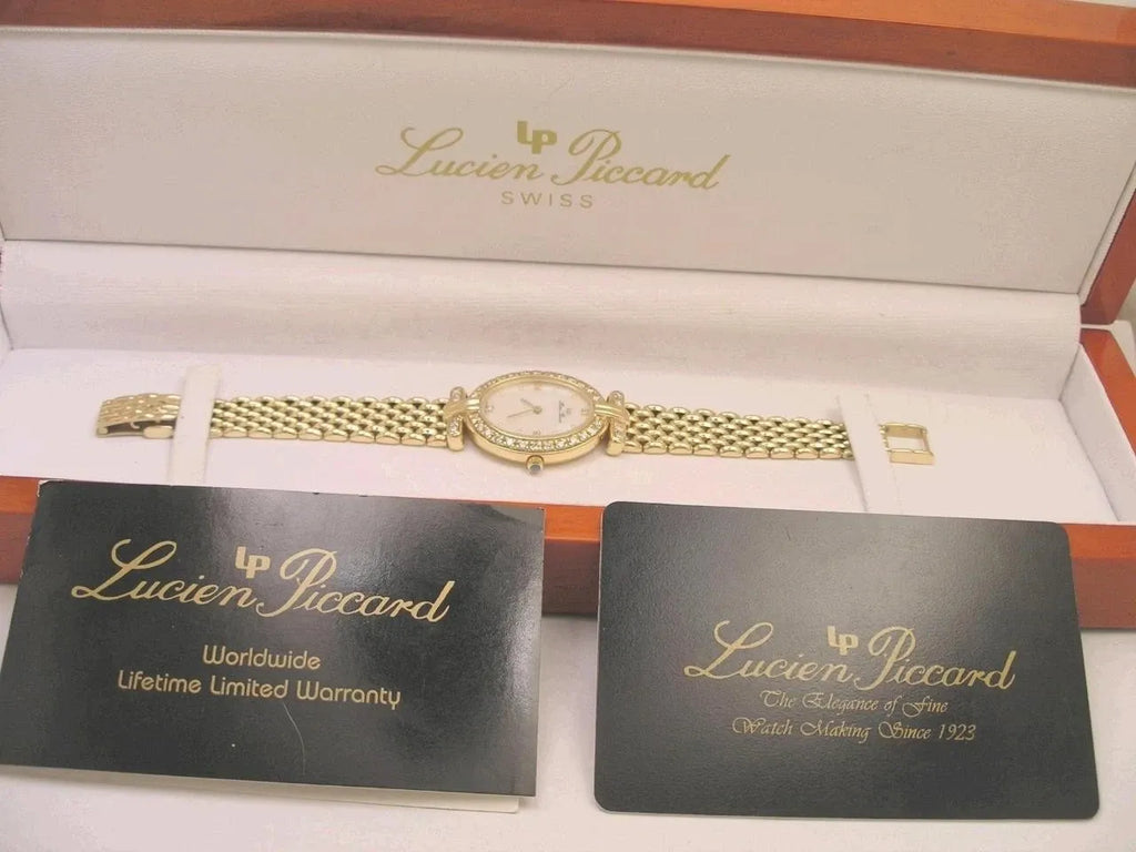 Ultra Rare Montre Femme Lucien Piccard Nacre Or 14 K Diamant avec Boîte+