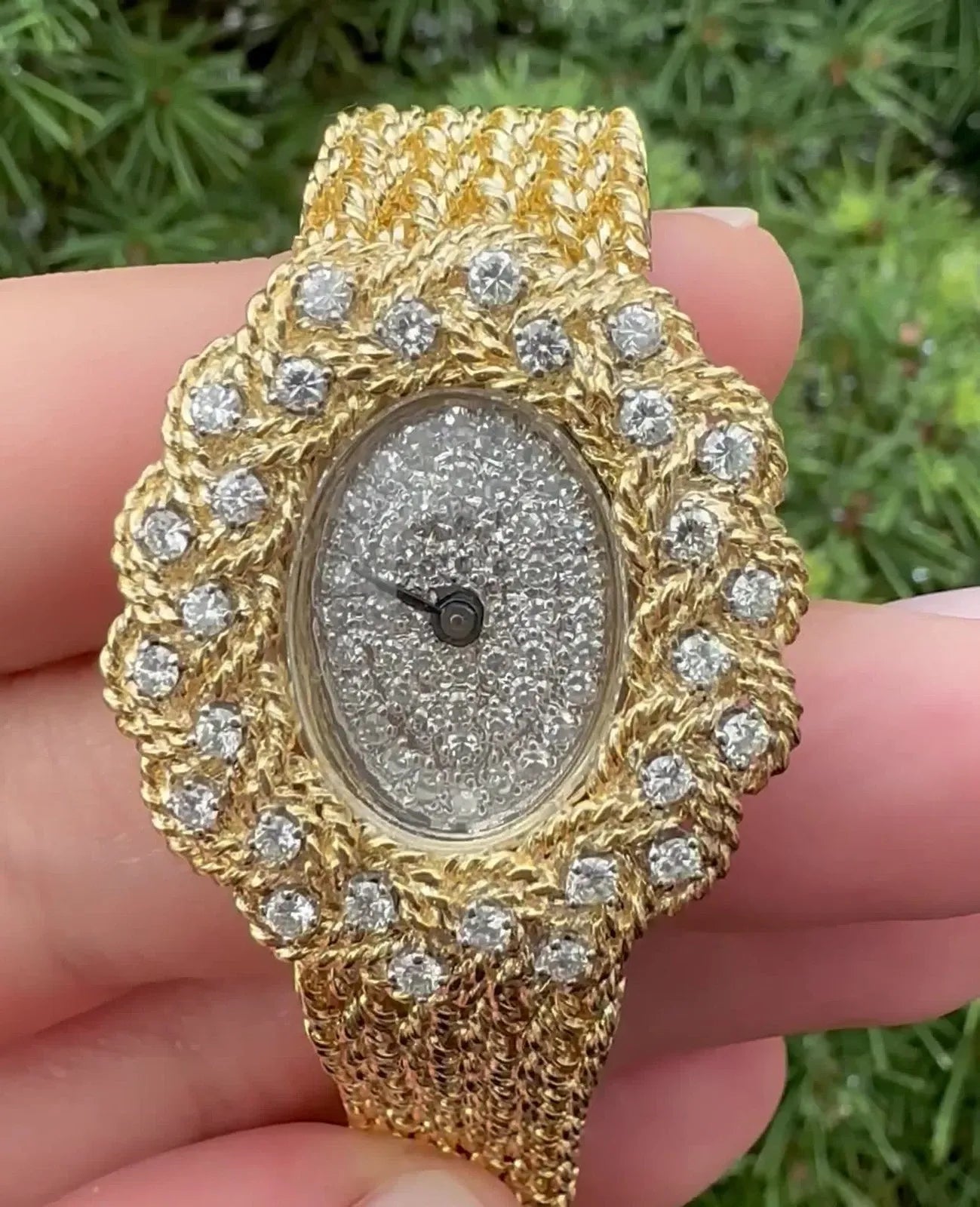 Montre vintage M&W Ullmann or 14 carats cadran diamant tissage panier maillon bracelet-
