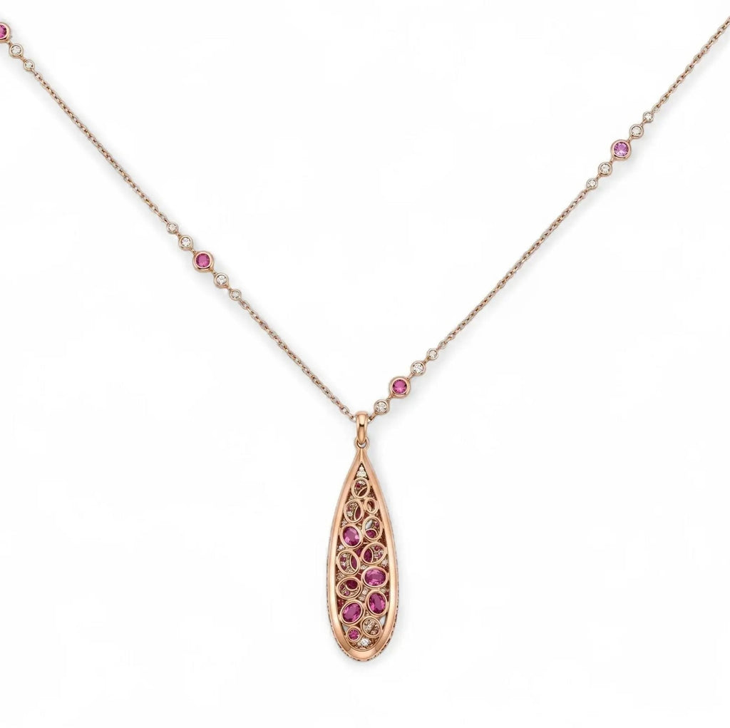 Collier avec pendentif « Crivelli Drop In Fantacy » en diamants et saphirs, en or rose 18 carat