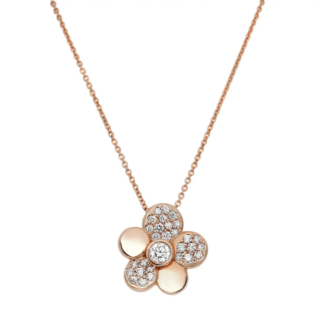 Collier Crivelli Margherita avec pendentif en forme de grande fleur sertie de diamants, en or rose 18 carats, 0,48 carat au total