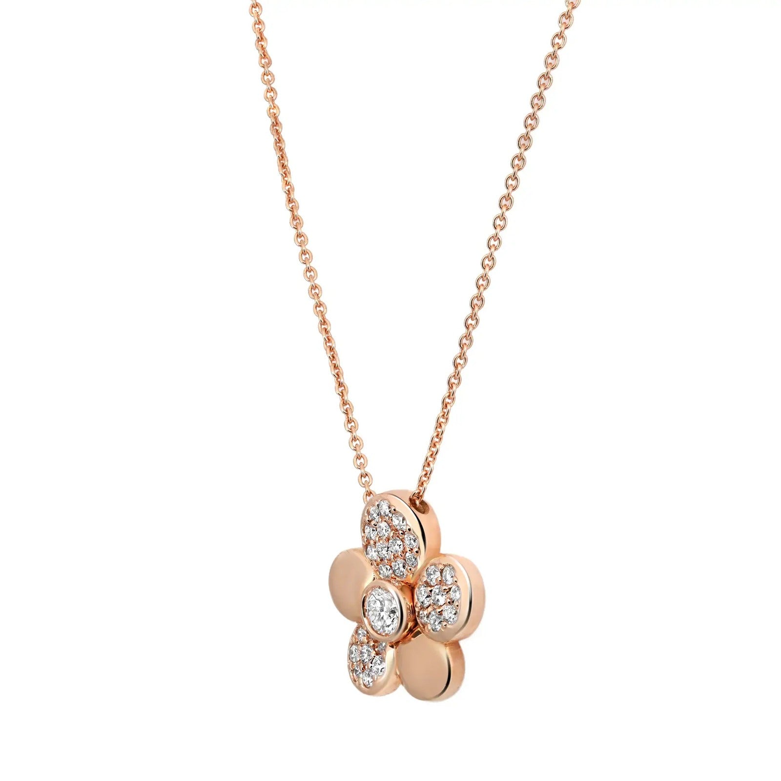 Collier Crivelli Margherita avec pendentif en forme de grande fleur sertie de diamants, en or rose 18 carats, 0,48 carat au total