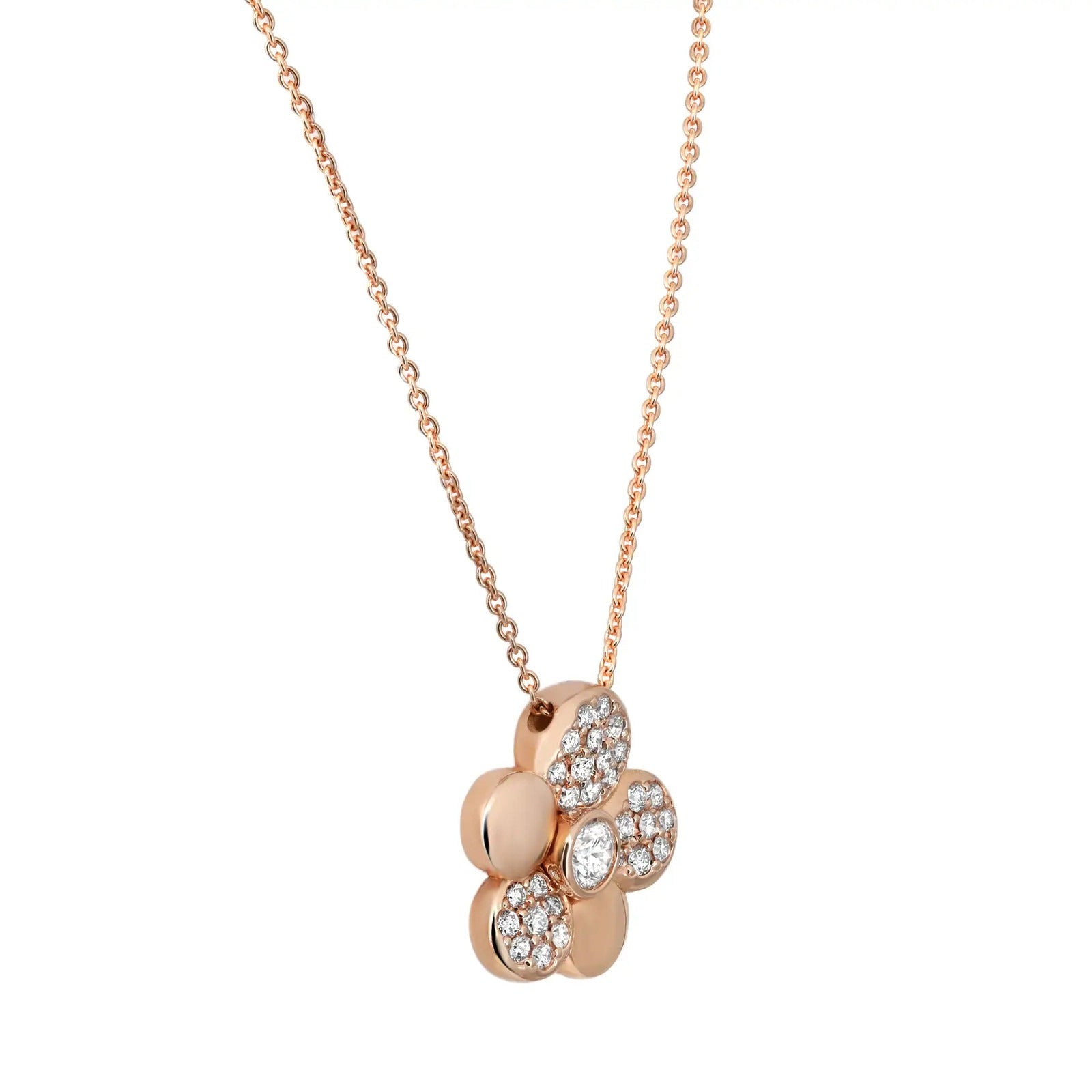 Collier Crivelli Margherita avec pendentif en forme de grande fleur sertie de diamants, en or rose 18 carats, 0,48 carat au total